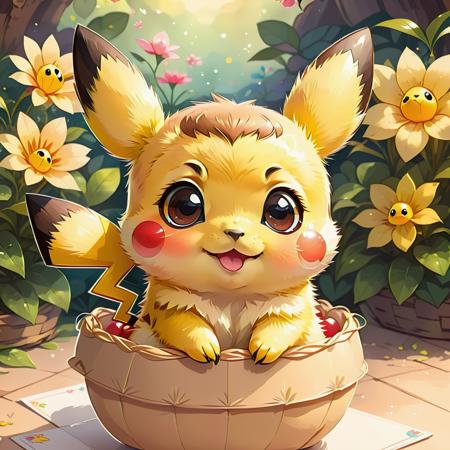 <lora:SDXLCutePets:1> cutepets, an adorable baby pikachu, kawaii, high quality, digital art illustration, sticker art