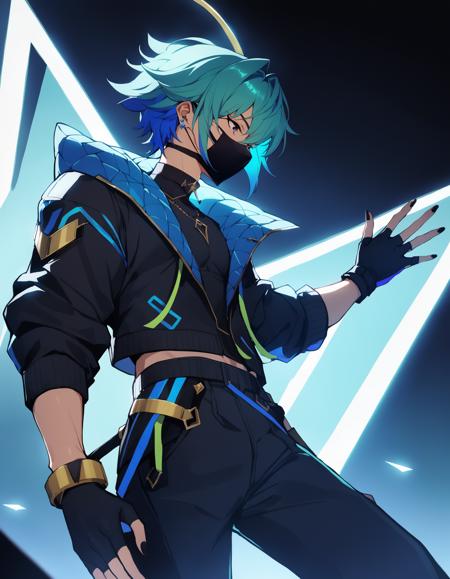 1boy, Aphelios, League of Legends, hrstlxks style, solo, short hair, male focus, green hair, mouth mask, gloves, blue hair, jacket, black gloves, fingerless gloves, nail polish, black nails, cinematic lighting, cinematic angle, masterpiece, best quality , <lora:HeartsteelSDXL:0.5>