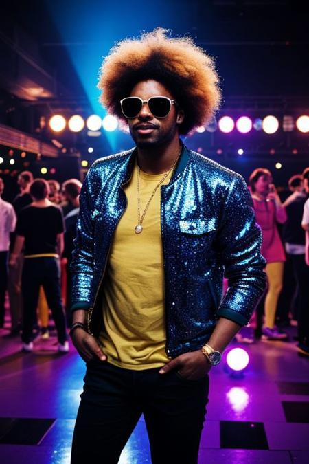 raw photo, upper body, disco, (80s, retro:1.1), dance floor, lasers, rainbow theme, a dancer man, 30 years old, sunglasses, big afro, (manly, wide jaw:1.2), dark skin, sparkly jacket, golden shirt, (vibrant colors:0.9),