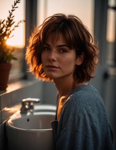 cinematic photo professional close-up portrait photography of the face of a beautiful (((ohwx woman))) at indoor toilet during Golden Hour, Nikon Z9    <lora:bullock_dh128_v1-step00008000:1.1> . 35mm photograph, film, bokeh, professional, 4k, highly detailed