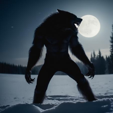 cinematic film still of  <lora:Werewolf style:1.2>
wide angle of a silhouette Werewolf in a black outfit is standing in the snow while looking at full moon Werewolf Style, shallow depth of field, vignette, highly detailed, high budget, bokeh, cinemascope, moody, epic, gorgeous, film grain, grainy