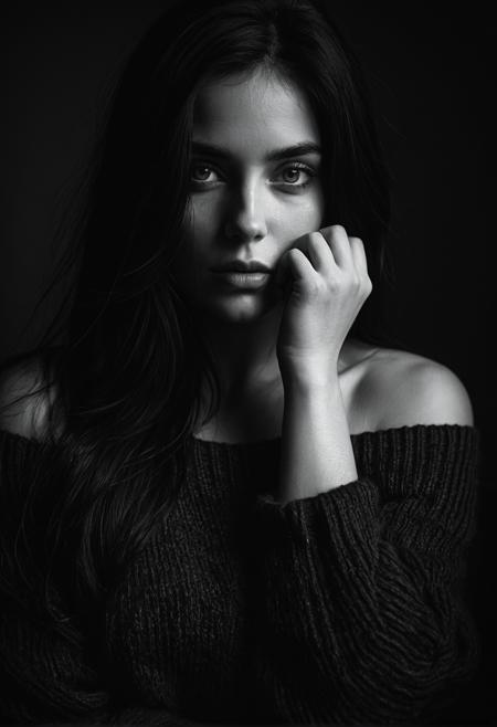 A high-contrast black and white portrait of a beautiful woman with long dark hair, wearing an off-shoulder sweater, resting one hand against her face, soft lighting, moody and cinematic atmosphere, expressive eyes, realistic fine-art photography style