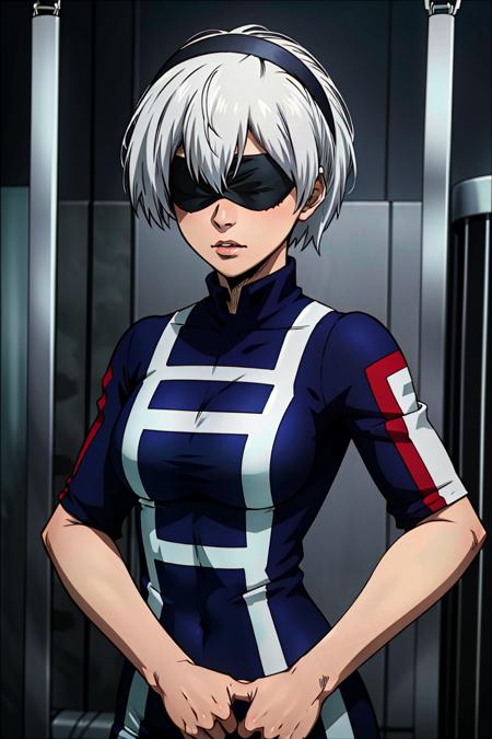 best quality, (masterpiece:1.2), highly detailed, 1girl, 2b, white hair, <lora:Char - 2B:0.6> <lora:Clothes - MHAUniform:0.5> my_hero_academia_gym_uniform, blindfold, hairband, blue uniform,