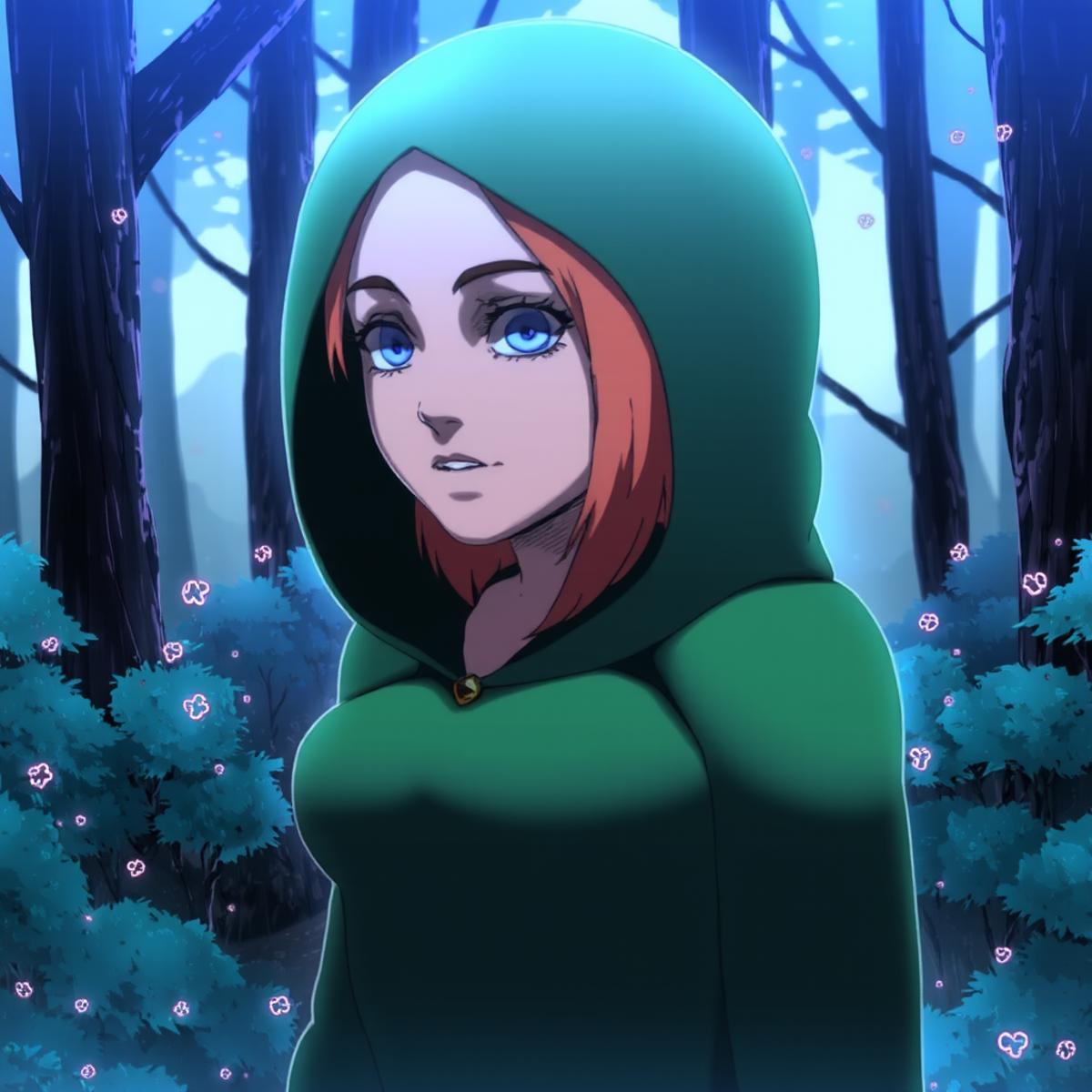 Highly detailed anime style picture, waist up shot of a woman wearing a green cloak with the hood over her head, orange hair and blue eyes, background is a damp gloomy looking forest with thick fog <lora:D-ART-18dart5[Flux]:1>