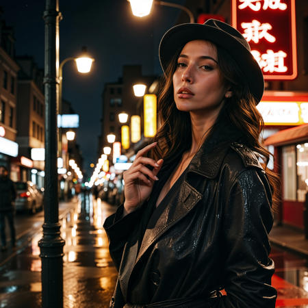 RAW analogue photo of a beautiful 25 years old woman, clear focus, high resolution image,  ,Rainy Night Noir Detective A trench-coated woman leans against a rain-slicked lamppost, lighting a cigarette. She surveys a shadowy alley lined with flickering neon signs. High-contrast light from the sign casts deep angular shadows across her face and fedora. Cinematic crop from waist up., Beauty, Realistic, Hot, Realistic_Beauty,  ,high quality, film grain, Fujifilm XT3, 8k uhd, dslr, film grain, kodak tri-x 400 film, grain photo DOF, faint lighting, dynamic angle, cinematic, Depth of field, bokeh, best quality, cinematic, light particles, highly_detailed, very_aesthetic, golden hour, beautiful_and_aesthetic ,Sexy pose, erotic pose, exhibitionism, ,holographic city