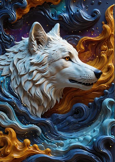 a wolf and the night, (amber and sapphire:1.2),  <lora:TQ_-_Relief_Paintings_XL:0.4> relief background,relief murals, detailed,8K, shiny, fluid dynamics 3D art style, 3d fluid render, expressive and dynamic, vibrant contrasting colors, lively appearance, mesmerizing flow of shapes, simulation of fluid dynamics, swirling motion, bold colors blending seamlessly, abstract and captivating, fluidity and energy, mesmerizing composition, engaging viewer experience, seamless integration of colors and shapes, volumetric, 4k, Cinematic photography, movie mood, cinematic light, compelling composition, storytelling elements, conveys emotion, mood, and narrative depth, creating visually striking images that feel like still frames from a film