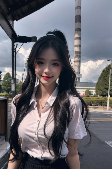 8K,  Ultra-HD,  Natural Lighting,  Moody Lighting,  Cinematic Lighting,  photorealism,  cinematic rendering,  ray tracing,  highest quality,  highest detail,  Cinematic,  a beautiful 20 year old woman,  long_hair,  ponytail,  blush,  light smile,  teacher uniform,  outdoor, nyokki_ho, <lora:EMS-47428-EMS:0.800000>