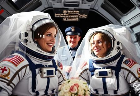 Astro-Brides, The first wedding in space, two women get married in spacesuits, a non-religious space commander officiates the wedding the two women have wedding veils on the outside of their spacesuits,