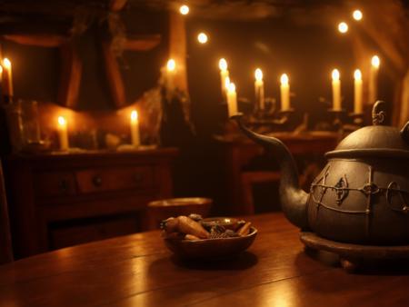 <lyco:witch house_v2.0:1> witch house, sharp, amazing, bokeh, canon dslr, realistic, cauldron, table and chairs