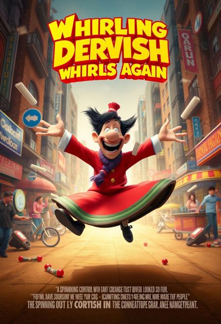 a concept for the movie poster:
Title: Whirling Dervish Whirls Again
Tagline: "Spinning out of control never looked so fun!"
Concept:
    Genre: Comedy
    Setting: A quirky, chaotic city with an unexpected twist on everyday life.
    Main Character: A clumsy yet lovable dervish who can’t stop spinning, often creating havoc wherever he goes.
    Mood: Lighthearted, fun, and filled with slapstick comedy moments.
For the poster, the main character will be front and center, mid-spin, with arms flailing in a funny yet dynamic pose. He’s accidentally knocking over things around him like street signs, food carts, and maybe even people! The background could feature a busy, exaggerated cityscape, with bright, playful colors. Above him, the title Whirling Dervish Whirls Again is displayed in bold, wavy text, hinting at the motion and energy of the film.