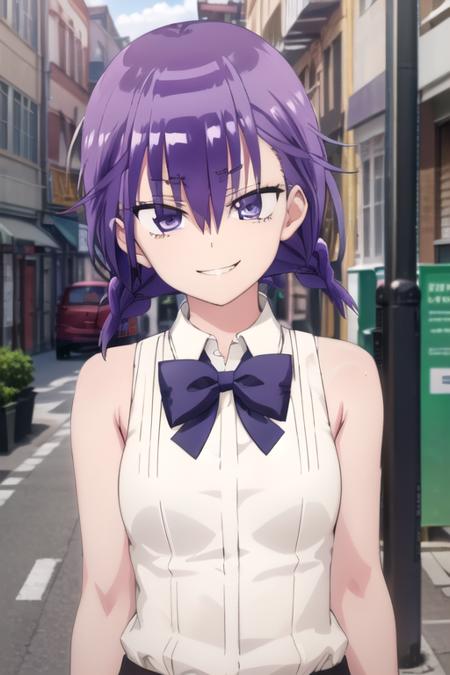 (extremely detailed CG unity 8k wallpaper), (masterpiece), (best quality), (ultra-detailed), (best illustration), (best shadow), (absurdres), 1girl, solo, <lora:asumi_v2:0.8>, kominami asumi, shirt, sleeveless, bowtie, purple bowtie, hair between eyes, looking at viewer, smile, smirk, street