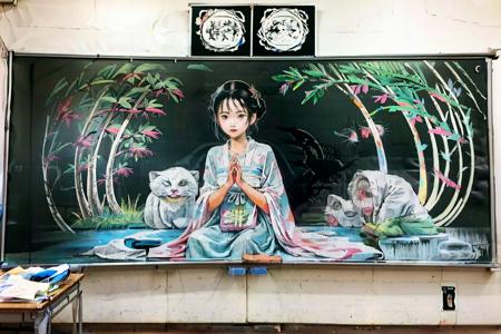 masterpiece, best quality, <lora:blackboard:1>,chalkboard, traditional media, 1girl,sitting, <lora:hanfuTang31:0.5>,