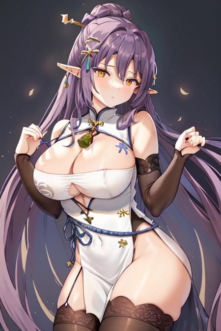 (masterpiece), (best quality), thighhighs,long hair, dress, cleavage, yellow eyes, large breasts,white dress, very long hair, purple hair, hair between eyes, black thighhighs, garter straps, pointy ears, hair ornament, bare shoulders, high heels, white footwear, jewelry, bangs, clothing cutout,  pelvic curtain, bridal gauntlets, chinese clothes, cleavage cutout, sleeveless, high ponytail, detached sleeves, china dress, sleeveless dress, ponytail,side slit, skindentation,lace-trimmed_legwear,pelvic_curtain, navel,tassel, scroll, <lora:sll:0.6>