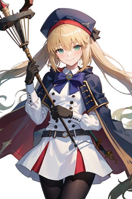 best quality, masterpiece, highres, solo, {altria_caster_fgo:1.15}, blonde_hair, long_hair, green_eyes, bangs, twintails, bow, hat, smile, hair_between_eyes, staff, cape, blush, blue_headwear, buttons, beret, closed_mouth, breasts, 1girl, black_gloves, gloves, holding, holding_staff, long_sleeves, looking_at_viewer, dress, simple_background, white_background, belt, capelet, white_dress, black_pantyhose, blue_belt, pantyhose