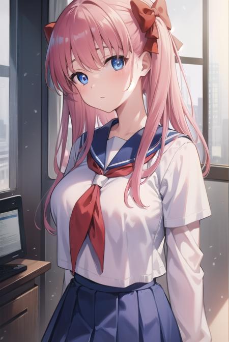 nodokaharamura, <lora:nodokaharamuratest:1>,
nodoka haramura, blue eyes, hair bow, long hair, pink hair, bow,
BREAK blue skirt, kiyosumi school uniform, pleated skirt, school uniform, serafuku, skirt,
BREAK looking at viewer,
BREAK indoors, classroom,
BREAK <lora:GoodHands-vanilla:1>, (masterpiece:1.2), best quality, high resolution, unity 8k wallpaper, (illustration:0.8), (beautiful detailed eyes:1.6), extremely detailed face, perfect lighting, extremely detailed CG, (perfect hands, perfect anatomy),