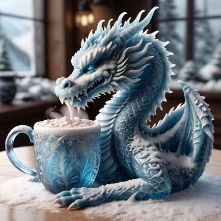 ral-glacial dragon siting next to a glass mug of steaming (hot coco), highly detailed clean, beautiful detailed intricate, 8K