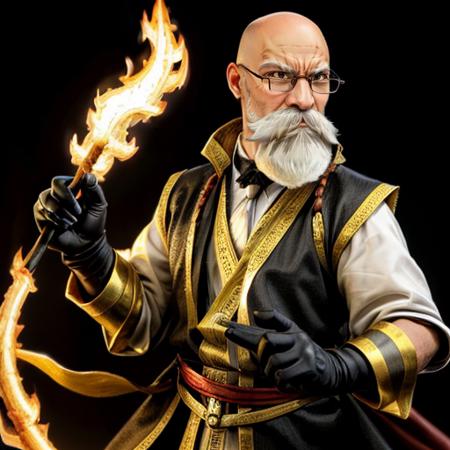 (((a man is casting fire spells))) <lora:KnolanBattleChasersLora:0.5> 1boy, male focus, facial hair, beard, mustache, old man, white hair, glasses, bald, gloves, staff, Highly detailed,masterpiece, best quality