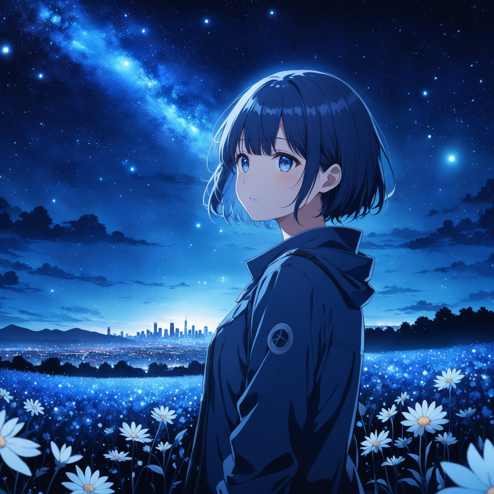 A girl in a black jacket stands in a field of flowers at night.