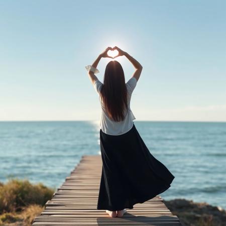 A person standing on a wooden boardwalk, facing the sea, with their back to the camera. She forms a heart shape with her hands, framing the sun within it. She wears a white top and a dark long skirt, with her long hair flowing freely. The scene is serene and poetic, expressing a deep love for nature and inner peace. The composition captures the beautiful seascape and conveys a harmonious relationship between humanity and nature. The lighting is soft and warm, enhancing the tranquil atmosphere.