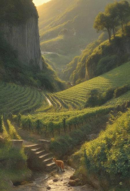 Claude Lorrain (golden hour), Vineyard on steep slate slopes, fox tracks in mud, clapper bridge over stream,grey heron stalking.,Art painting by Gustav Klimt and Takashi Murakami and Kay Sage, ,,
artstation trending, macro lens, volumetric light,
<lora:Illustration_Insanity:0.3>,
<lora:dreamshaperXL10_lora:0.7>,
<lora:extremely_detailed:0.3> extremely detailed,
<lora:DetailMaximizer:0.3>,, Surrealism art style, dreamlike and irrational imagery, explores the unconscious mind, juxtaposition of unlikely elements, challenges reality and logic