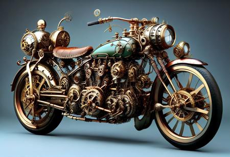 Photorealistic of a steampunk-inspired Chopper motorcycle designed for a Victorian-era explorer. The Chopper motorcycle should feature brass gears, leather accents, and intricate clockwork mechanisms, unique additions like a built-in compass, a small steam engine, and expandable storage compartments.”