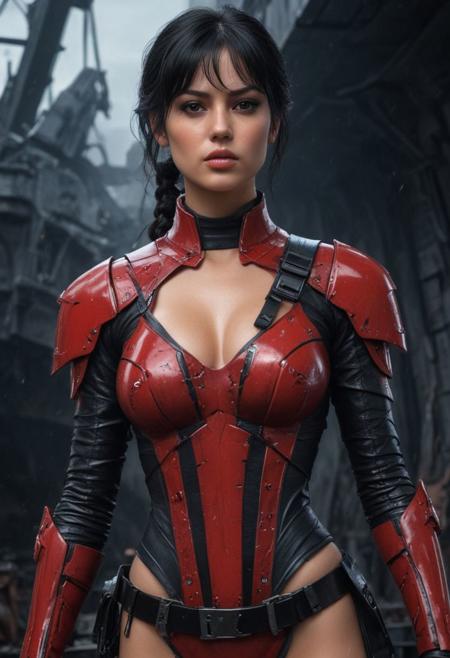 Beautiful sinister Dark Sith girl, clad in intricate dark sith tight red-black combat outfit, Star Wars style, Standing aboard an Imperial Destroyer, realistic brown eyes, wavy black hair, Sensual female curves, perfect athletic figure, beautiful perfect detailed pupils, wet oily shiny skin, beautiful firm Breasts, defiant and seductive, high contrast, colorful polychromatic, ultra detailed, ultra quality, CGSociety fighting stance, Cinematic Lighting, intricate, smooth, sharp focus digital painting, Asymmetrical Balance, hyperdetailed painting, dynamic lighting, complex, head and full body portrait, 8k resolution concept art portrait by Greg Rutkowski, Attractive, Atrractive 21 years old woman, Attractive bust girl