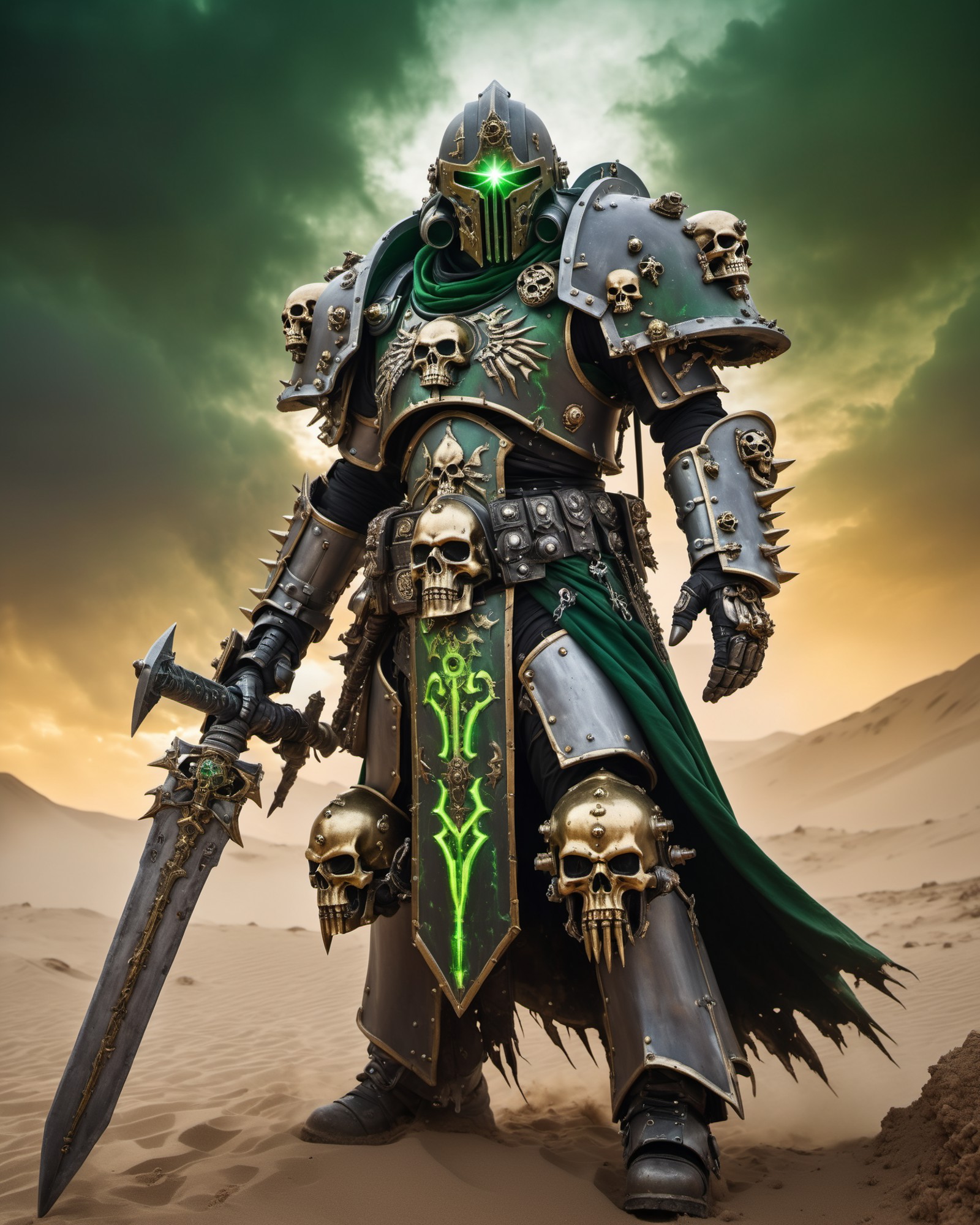 Cinematic scene of a strong human wizard, wearing massive heavy warhammer 40k chaos marine grey gold armor, (glowing green...