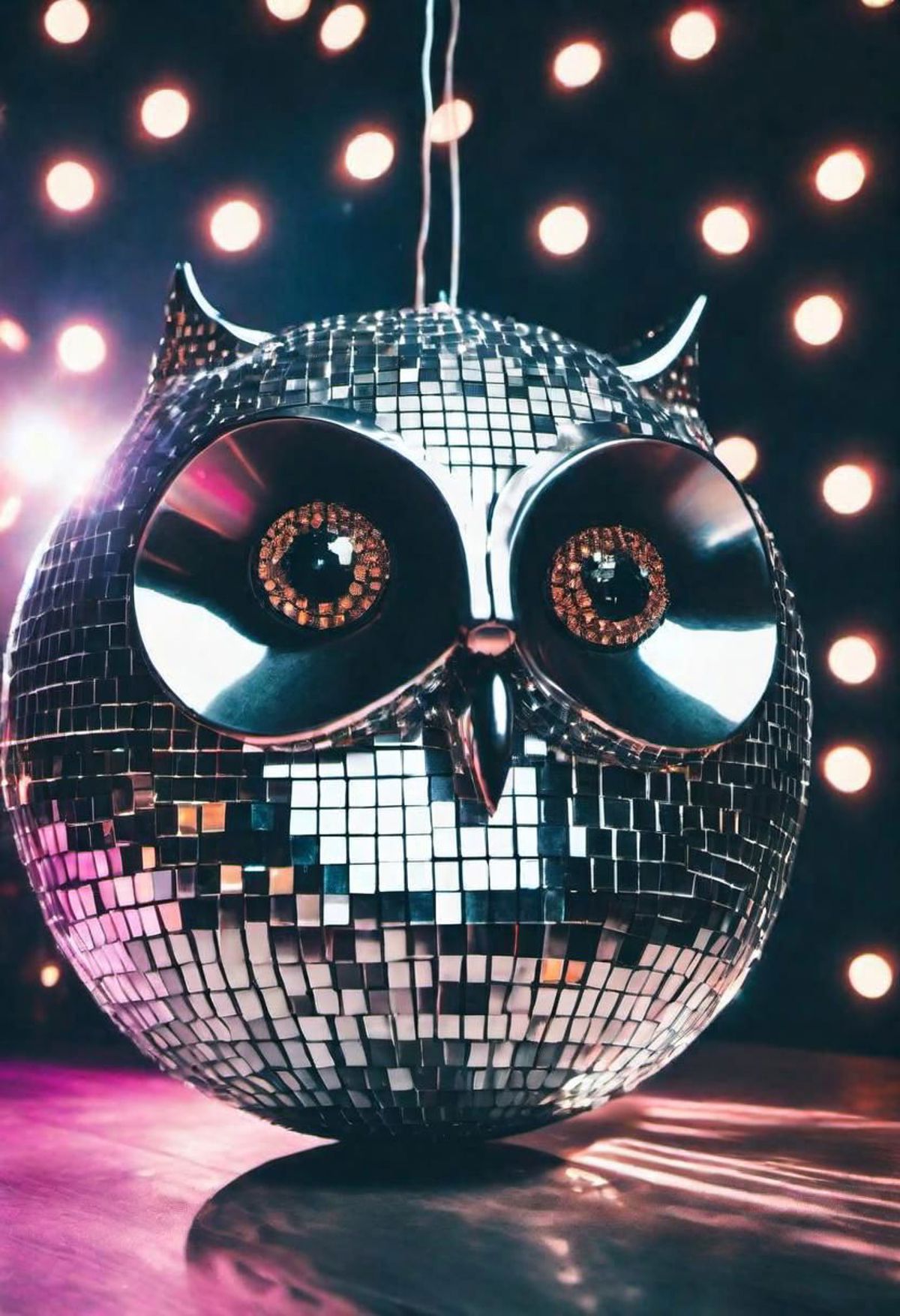 A shiny disco ball with an owl design and lights in the background.