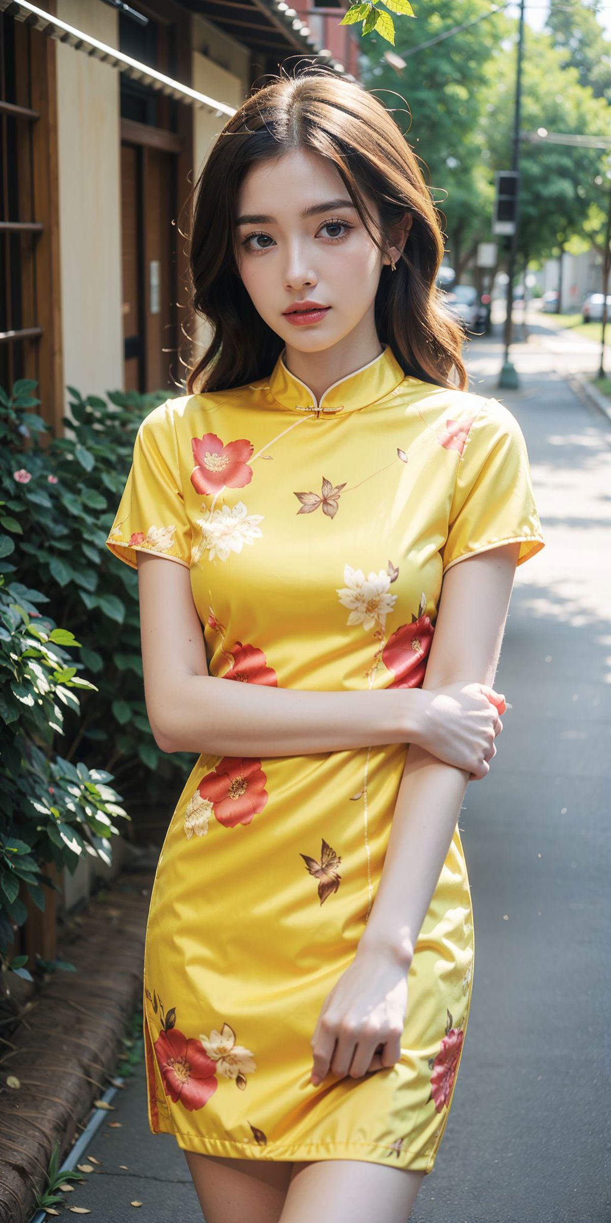 <lora:ChinaDressStyle1_Remake:0.75>, 1girl, (yellow short china dress, thighs), short sleeves, (floral print, birds print)...