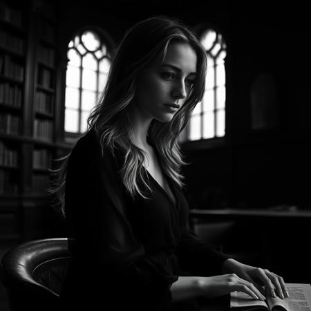 A deeply moody, black-and-white photograph, (BLACK AND WHITE PHOTO:1.7), of a breathtaking 25-year-old Irish woman with luminous fair skin and flowing light brown hair, cascading over her shoulders. She is wearing wet clothes, an elegant black silk see-through blouse that contrasts sharply against her pale complexion. The woman is seated in a grand, ancient library, its wooden bookshelves looming in the shadows, filled with leather-bound tomes that fade into darkness. The atmosphere is dark and melancholic, with minimal light filtering through a large, arched window. The faint, dim light creates stark contrasts, casting dramatic shadows over her form, illuminating only small parts of her face and body. The photograph is captured from a side angle, focusing on her full, graceful silhouette in a relaxed yet poised pose—perhaps she's delicately touching a strand of her hair or resting her hand on an open book, partially obscured in shadow. The soft, barely-there lighting emphasizes her features, with deep shadows dominating the scene, conveying a sense of mystery and quiet intensity. Pay close attention to the interplay of light and shadow, the textures of the fabrics, and the surrounding darkness of the library, evoking a haunting, almost ethereal mood