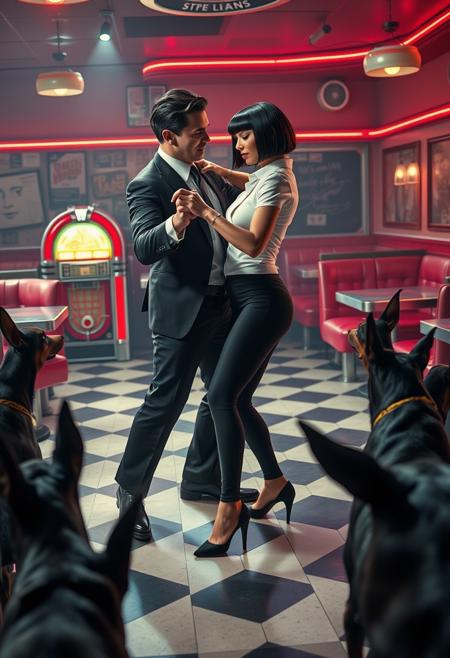 Create a highly realistic image of a dance scene inspired by the iconic moment in “Pulp Fiction,” but with a distinctive twist. The setting is an authentic 1950s diner, with black-and-white checkered floors, red vinyl booths, and neon lights casting a warm, nostalgic glow. A vintage jukebox sits in the corner, softly illuminating the room with its colorful lights.
In the foreground, two characters are captured mid-dance. The man has slicked-back dark hair, wearing a perfectly tailored black suit, white shirt, and skinny black tie. The woman has a sleek black bob haircut, dressed in a crisp white blouse and form-fitting black pants. Both are locked in a playful pose, full of energy and confidence, with the man pointing towards the woman.
Adding a surreal element to the scene, several realistic dobermans with sharp, defined features surround the dance floor. Their postures are tense and alert, with their eyes glowing an unnatural fiery red, as if possessed by a dark force. The eerie presence of the dobermans contrasts sharply with the vibrant, lively energy of the dancers.
In the background, a large, slightly worn cardboard sign hangs prominently, reading “DANCING 4 BUZZ!” in bold, hand-drawn letters. The sign looks like it was hastily made, adding a quirky and almost humorous touch to the intense and otherworldly atmosphere. The overall image should feel vividly real, with a mix of classic nostalgia and unsettling tension, blending the familiar with the bizarre.