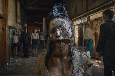 a broken feminine Catrina, dented, scratched, (flaking peeling paint:1.9) in face , in a abandoned interior room, shatter , cracks. broken, dramatic lighting, dramatic shadows, illumination, dark, ominous, haunting, forboding, gloomy, stormy, sinister, shadowy, harrowing