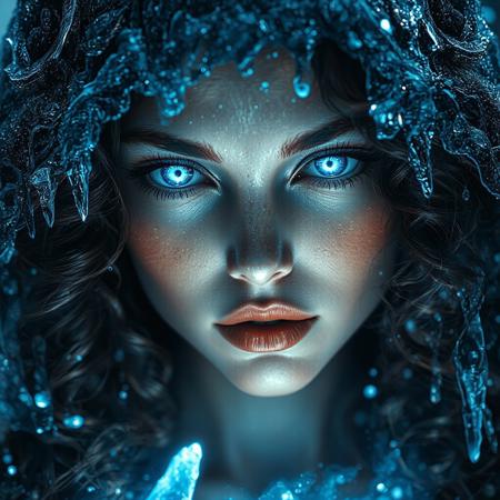 A beautiful woman with crystal blue glowing eyes and curly hair, wearing an ice hat, surrounded by icy water droplets, creates a surreal atmosphere. The art style is fantasy, with cinematic lighting and blue tones. It is a close-up portrait with a mysterious mood, depicting an ethereal beauty in a fantasy world, hkmagic, masterpiece, best quality, highly detailed, sharp focus, dynamic lighting  <lora:FantasyWizardWitchesFluxV2-000001:0.85>