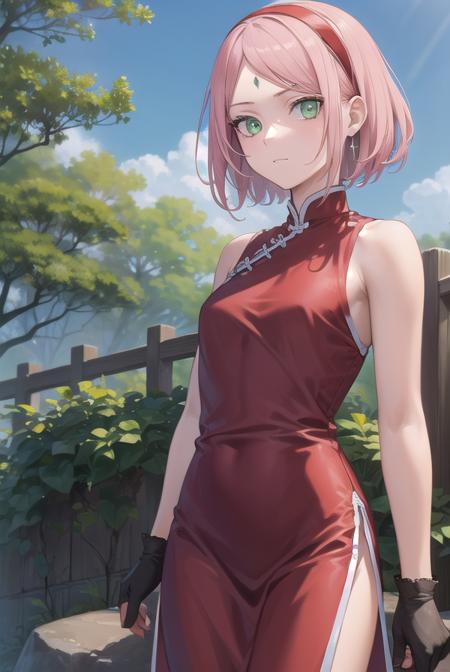 sakuraharuno, <lyco:sakuraharunov3-lyco-nochekaiser:1>,
sakura haruno, short hair, bangs, (green eyes:1.5), pink hair, hairband, facial mark, (forehead mark:1.2), red hairband, (swept bangs:1.5), (small breast:1.2),
BREAK chinese clothes, dress, (red dress:1.3), short skirt, black shorts, gloves, black gloves, sleeveless,
BREAK outdoors, forest, nature, sky, cloud, sun,
BREAK looking at viewer, (cowboy shot:1.5),
BREAK <lyco:GoodHands-beta2:1>, (masterpiece:1.2), best quality, high resolution, unity 8k wallpaper, (illustration:0.8), (beautiful detailed eyes:1.6), extremely detailed face, perfect lighting, extremely detailed CG, (perfect hands, perfect anatomy),