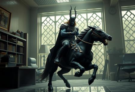 Create a hyper-realistic, high-contrast artwork of Ganondorf riding a horse, inspired by the styles of Greg Rutkowski and Larry Elmore. The scene should be set inside an office, with Ganondorf wearing a He-Man-inspired costume, riding a battle cat instead of a horse. Incorporate photorealistic details, adhering to the golden ratio and utilizing cinematic lighting. The artwork should resemble the style of Lobo and Artgerm JSC, with intricate details and smooth textures. The final image should be rendered in 8K resolution using Octane Render and Unreal Engine. Ensure the artwork is trending on ArtStation and Artforum.