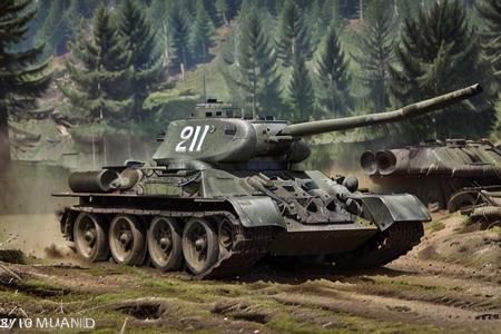 Tan t34 racing down the forest,  shooting, day time, High Detail, Sharp focus, ((photorealism)), realistic, best quality, 8k, side view, sun in the sky