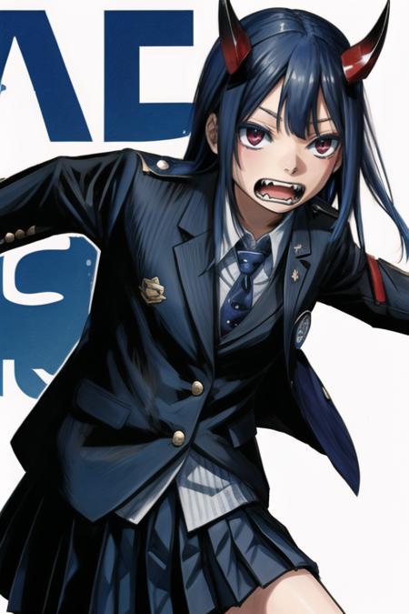 Aoki_Ruri blue_hair,red_eyes, black_ blazer, blue_bowtie, collared_shirts,skirt, fangs, horns, long_sleeves, school_uniform, sharp_teeth,