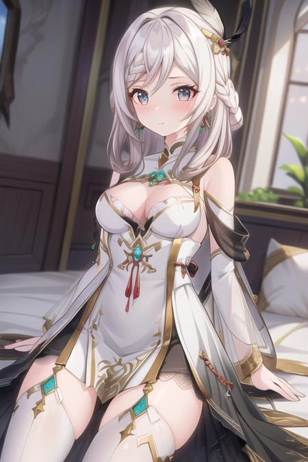 1girl,indoor,on the bed,looking_at_viewer,<lora:add_detail:0.5>,breasts,solo,(looking at viewer:1.1),hair ornament,lying,dutch angle,white hair,feather hair ornament,dress,jewelry,earrings,feathers,medium breasts,white dress,