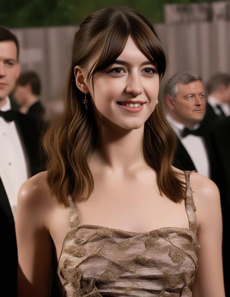 DaisyEdgarJones,<lora:DaisyEdgarJonesSDXL:1>,age 30, film grain, movie scene snapshot, long brown hair, wearing gala dinner dress, upper body, close up, waving goodbye, looking at viewer, front facing camera, motion blur, depth of field, exceptional detail