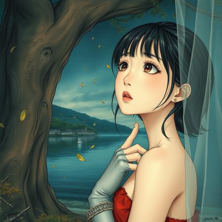 (photorealism:1.5)
Tomie Kawakami from Junji Ito collection,  thoughtful expression, gazing at the majestic tree, falling leaves,  calm coastal village in the background, night time, pale colors, high contrast, hyper-realistic, serene atmosphere, pensive pose, detailed, high-definition, reflective mood, peaceful setting,
slight freckles, long eyelashes, thick eyebrows, torn pelvic sheer curtain, bridal gauntlets, torn red dress,