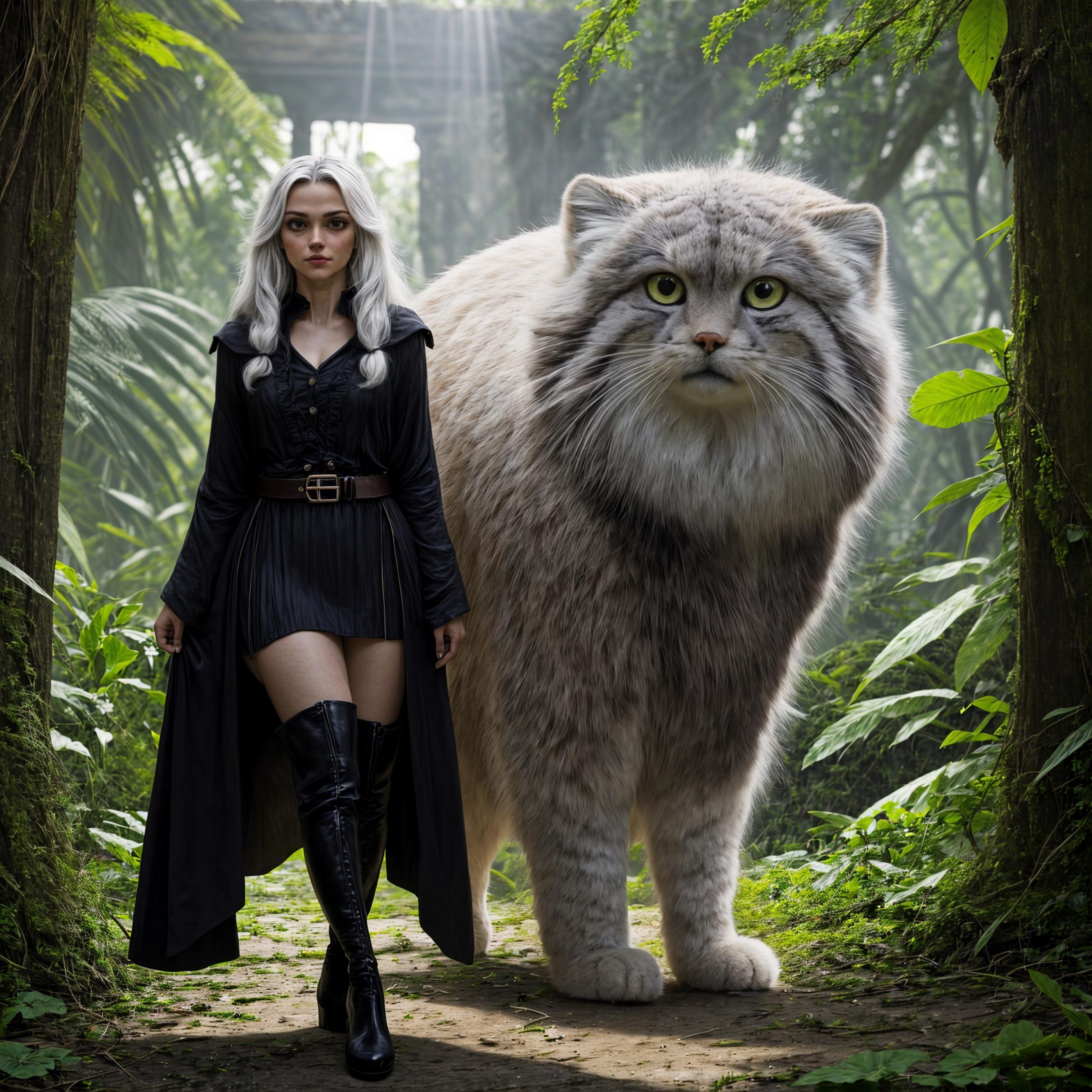 A woman with a black dress and black boots is walking through the forest with a giant cat.