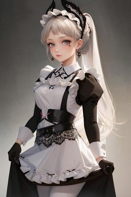 irenedef, head wings, black jacket, long sleeves, black gloves, white skirt, white pantyhose, earrings irenevoy, head wings, maid, black dress, apron, long sleeves, puffy sleeves, black gloves, white pantyhose