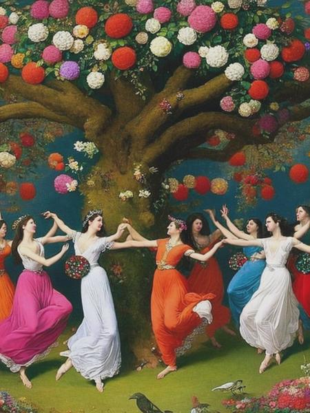 <lyco:RichardDadd:1.0> dancing celebrating Female demons, dancing around a tree, surrounded by flowers, in the living room, in an enciting psychedelic DMT dream, painting by Richard Dadd