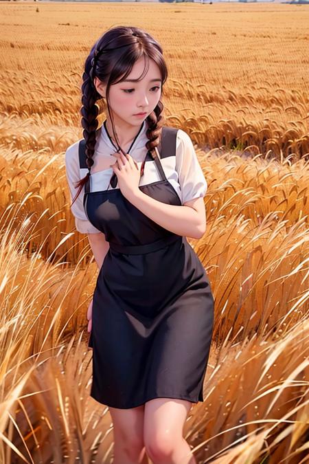 <(realistic:1.3), intricate details>, 1girl,full body,legs,wheat field,  braided bangs,braided ponytail,(solo:1.2),apron,thick thighs,side-tie panties, balck hair, 16yo,(on back:1.2),(cungu:1.2) ,<lora:cungu:1> ,red dress