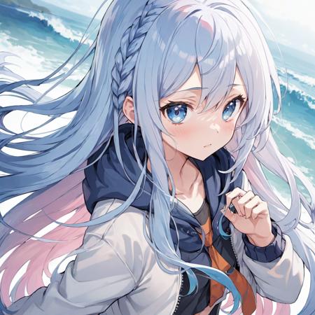 anime, long hair, blush, blue eyes, navel, blue hair, white hair, multicolored hair, two-tone-hair, liquid hair, jacket, hodie, long sleeves, braid, navel, ((magazine cover)), upper body