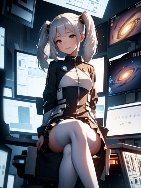 ((extremely detailed illustration)), highres, ((extremely detailed and beautiful background)), (professional illustrasion), (official art), ((Ultra-precise depiction)), ((Ultra-detailed depiction)), (beautiful:1.2 and aesthetic:1.2), beautiful detailed, intricate:1.1, ((science fiction)), (young girl), (white,military costume,tight skirt), (highly detailed beautiful face and eyes, silver hair:1.5, twintail:1.1, floating hair), (white tights up to the thighs), small stature, (small breasts), shiny skin, cute, being clearheaded, smile, thinking, reading note, crossed legs, 
Inside the cockpit of a spaceship, several large monitors hang on the walls., 
The large monitors display numbers and letters of data and pictures of planets.,