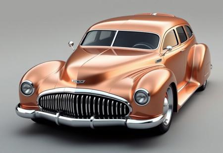 retro-futuristic concept car, inspired by late 1940s Chevy design, bold streamlined body, chrome accents, distinctive Chevy grille with angular vertical slats, large rounded headlights with integrated LED rings, classic yet modern fender lines, jet-age-inspired curves, futuristic yet practical station wagon design, large windows with chrome trim, sculpted rear, unique rounded taillights, subtle aerodynamic fins, elegant yet bold stance, metallic paint, smooth aerodynamic roofline, high-resolution, ultra-realistic textures, timeless beauty with futuristic flair, no chains to the past, bold yet refined American design, (Mercedes elements:-1.8), (bland shapes:-1.6), (unrefined details:-1.5), (sharp angles:-1.6), (overdone luxury cues:-1.4)