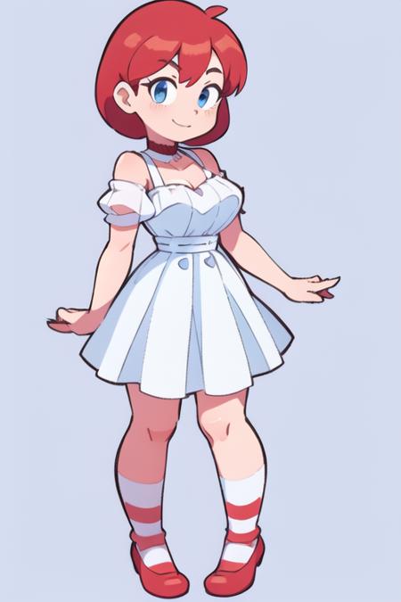 1girl,  <lora:WendyW:0.7>,  wendyw, striped socks, white and blue dress, red hair