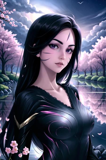 Highly detailed, High Quality, Masterpiece, beautiful,  <lora:ClassicKaisa-09:1>, cckaisari, 1girl, solo, bodysuit, upper body, japanese_garden, garden, pond, cherry blossoms, cloud, cloudy sky, night, night sky, purple eyes,