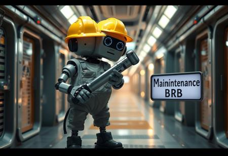 Photo of a maintenance robot, (wearing a yellow hardhat, grey janitor overalls, black work boots), holding a large screwdriver, (a sign displaying the word "Maintenance, BRB" is visible), in a spaceship corridor, comedic atmosphere, the android has a cyborg face with a  world-weary expression, Cinematic lighting, 8k, ultra realistic, hyper detailed, sci-fi, highlights, RAW, realistic, photo, best quality, (dramatic lighting), (sharp focus, intricate), Style-DoF